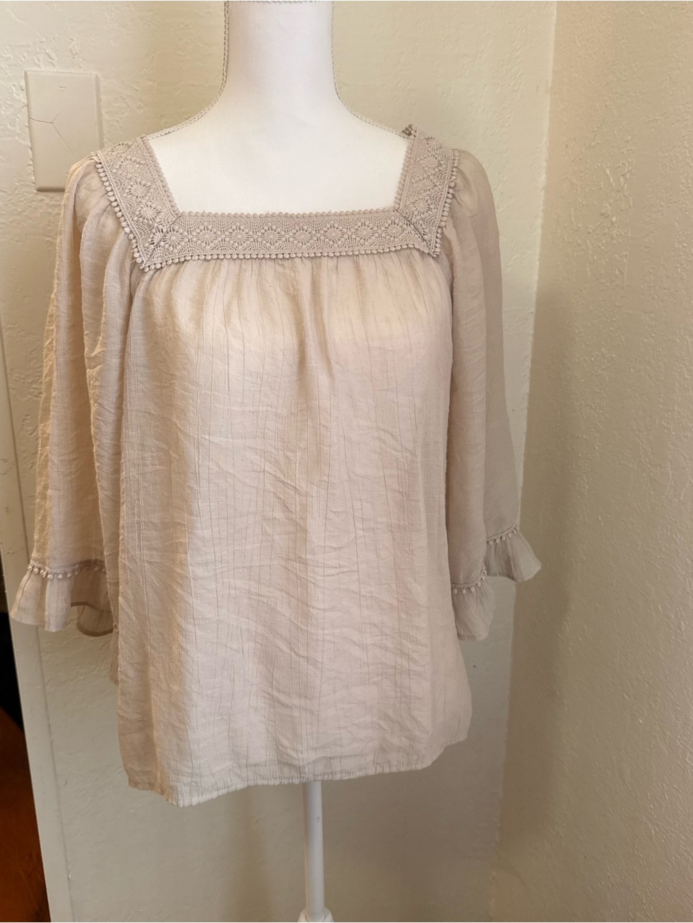 Zac & Rachel Beige Square-Neck Embroidered Peasant Top